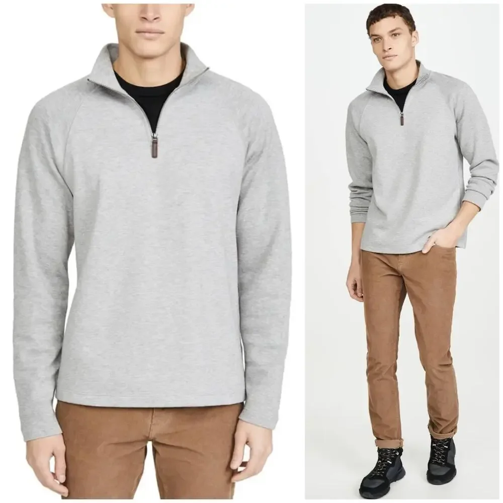 Vince Men's French Rib-Knit Quarter-Zip Heather Grey Sail Sweater Size Large
